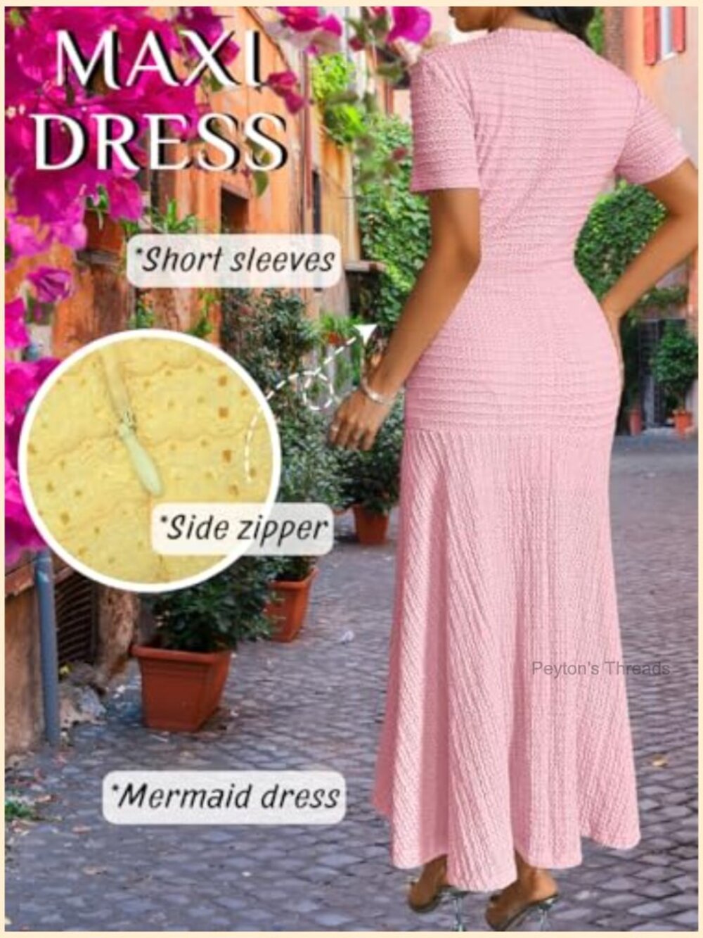 Knit Midi Dress with Decorative Metal Buttons, Crew Neck Short Sleeve - Picture 3 of 7